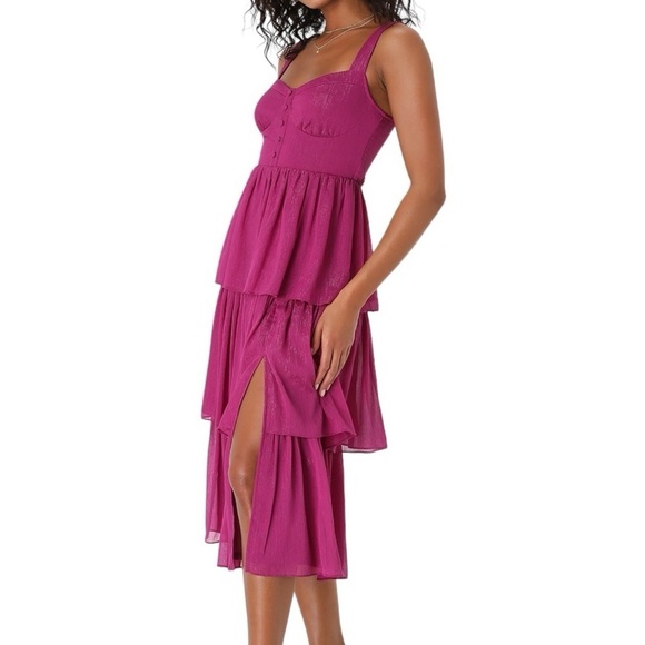 Lulus Tier for the Drama Magenta Purple Lurex Tiered Midi Dress - Picture 2 of 15